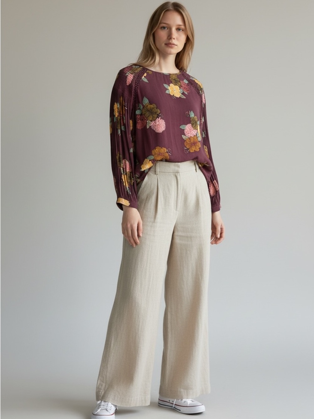 LOFT Plum Floral Long-Sleeve Blouse